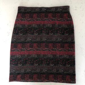 Vintage Art Deco Pull-On Midi Knit Pencil Skirt Geometric Red + Black Sz OS